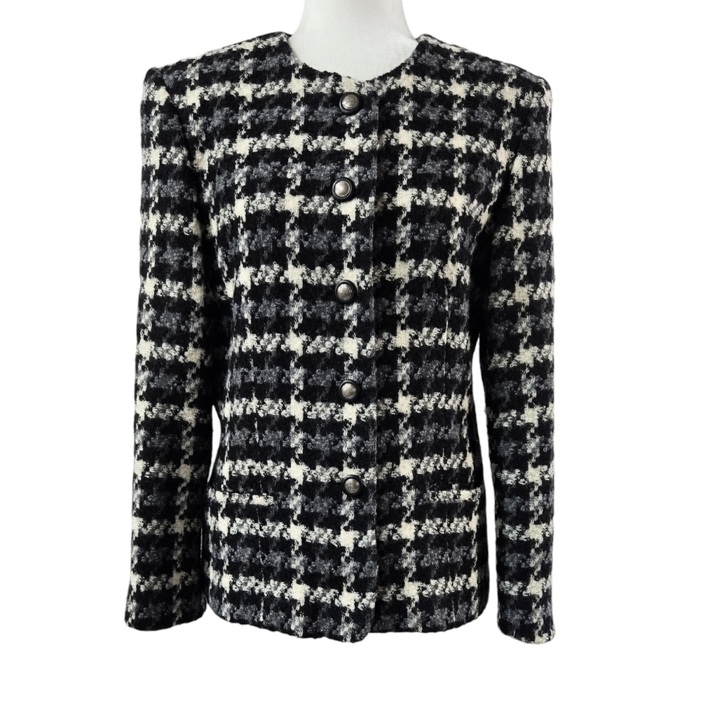 Vintage Talbots Cream Black Wool Blend Houndstooth Collarless Blazer Preppy